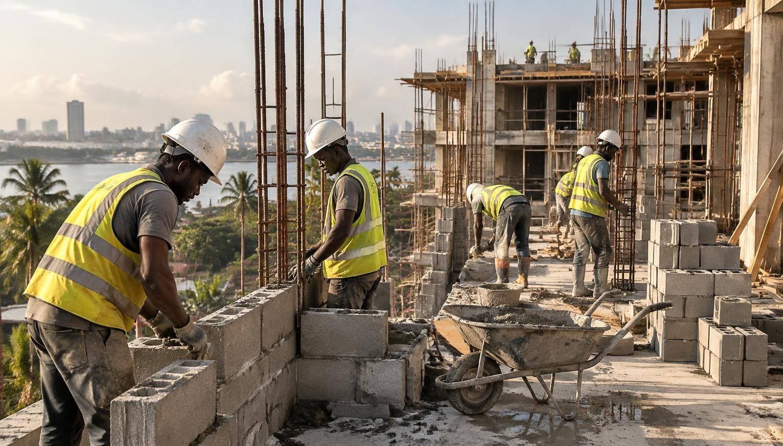 Ouvriers maçons en gilets de sécurité sur une construction résidentielle à Abidjan